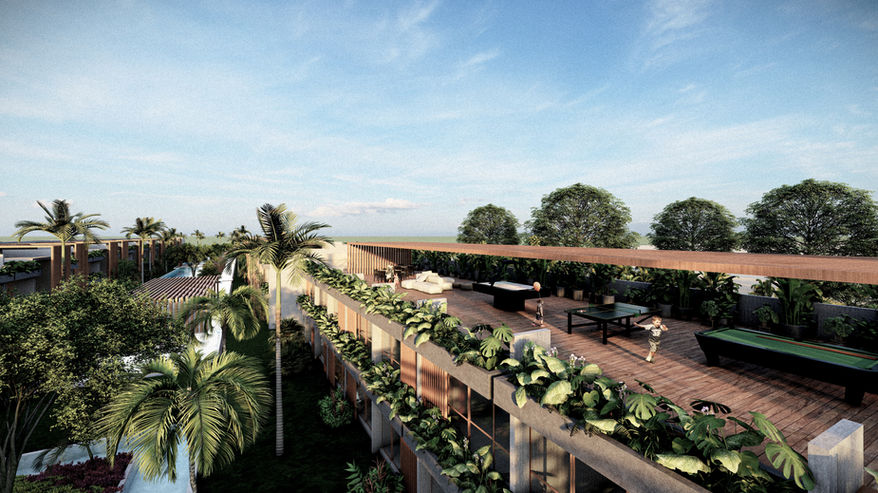Jardim no terraço do projeto do condomínio