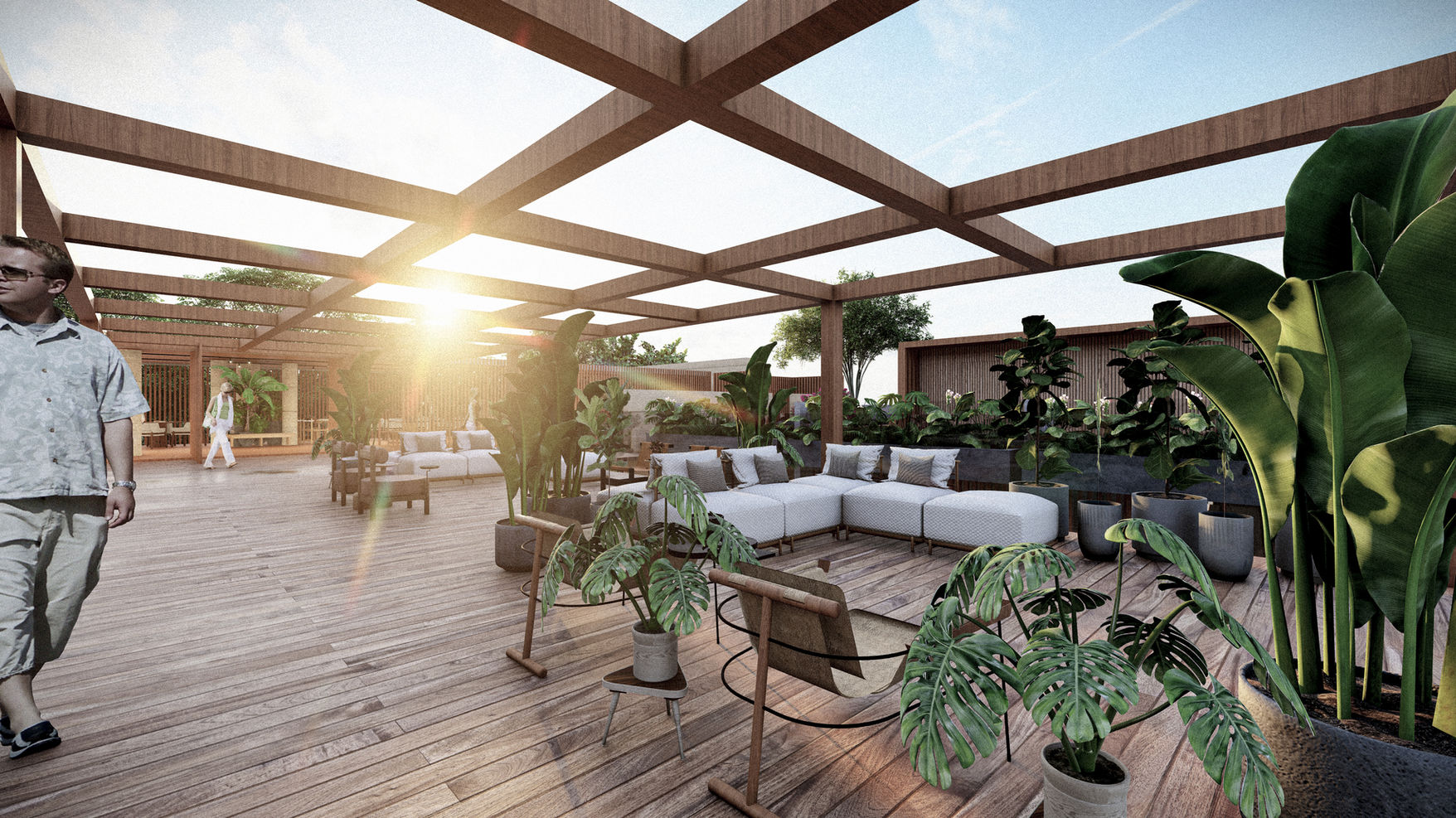 Terraço arborizado com áreas de estar no projeto do condomínio